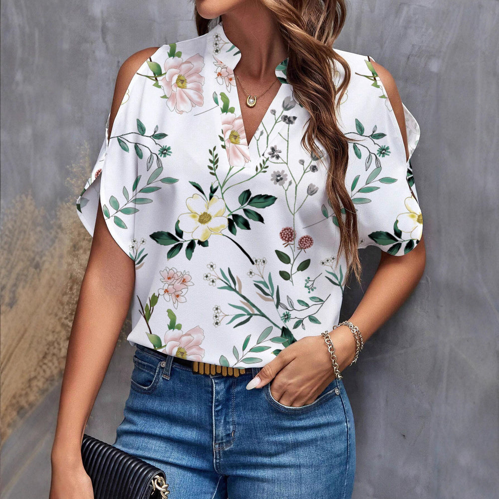 Amazon fashion cross-border women's clothing 2024 summer new print v-neck elegant fashion off-shoulder sleeve women's top