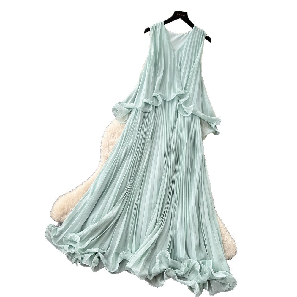 Elegant mint green sleeveless halter dress - women's early summer pleated ruffle trim slimming chic pleated maxi dress