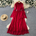 French romantic red lace dress - women's long sleeve a-line maxi dress - elegant, slimming, and flowy