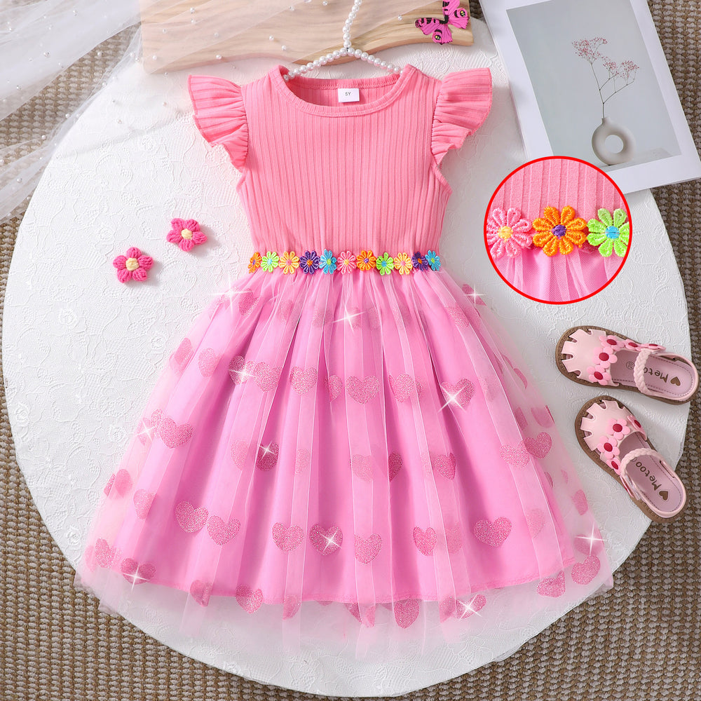 Girls' dress for toddlers and young children, flutter sleeve ribbed knit patchwork mesh dress