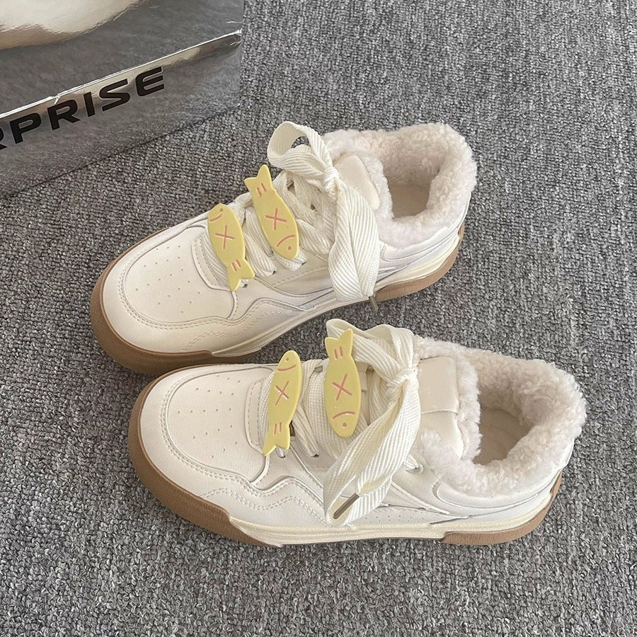 Niche style design fleece-lined cartoon sneakers for women 2026new arrivalwintereasiest for matchthick solewhite shoesheattechcasual shoes