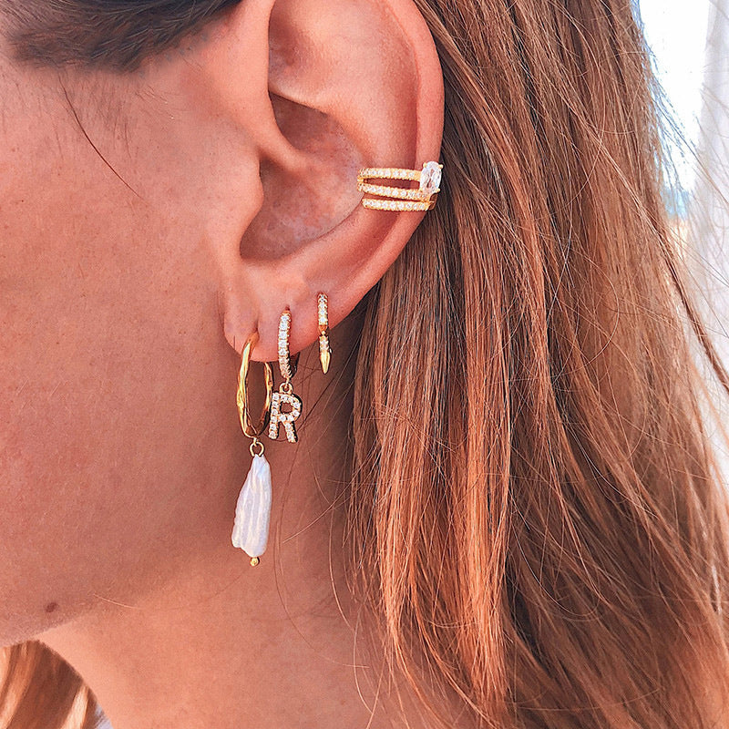 European and american gold-plated micro-paved zircon 26-letter initial pendant earrings - fashionable, unique, high-end, and chic hoop earrings with tassel detail