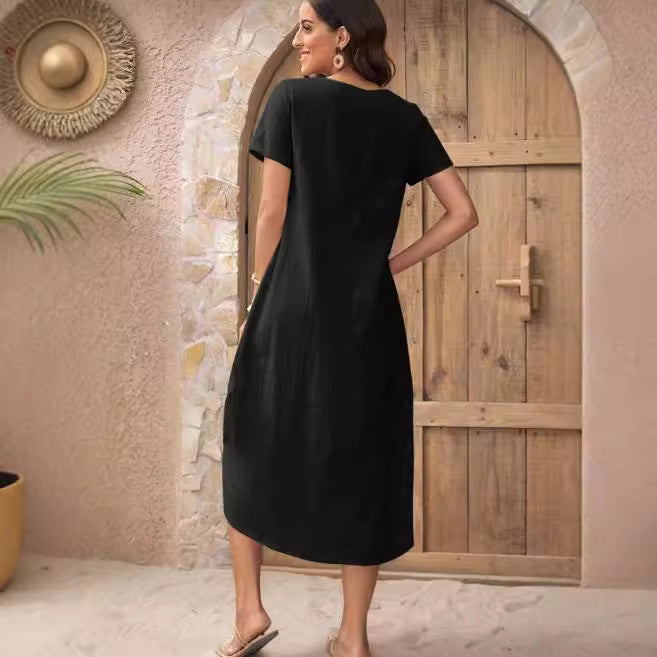 european and american cross-border  independent station new round neck button solid color short sleeve irregular dress