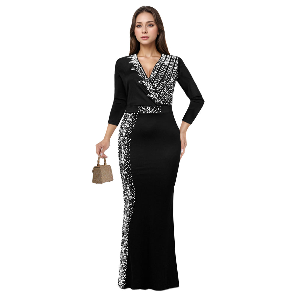 C7290 cross-border   fashion women's elegant rhinestone-embellished mid-sleeve v-neck dress