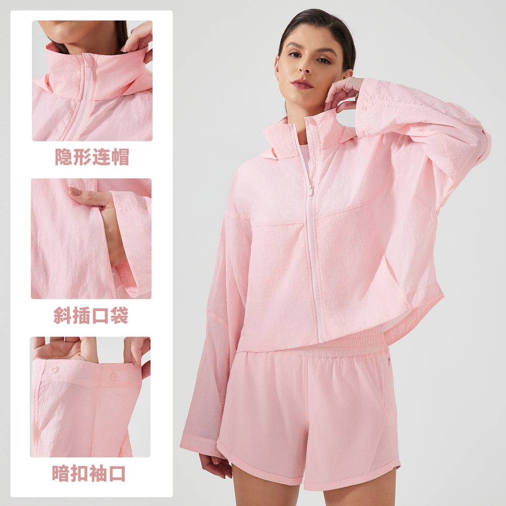 Summer short hidden hood windbreaker women's waterproof lightweight quick-dry breathable outdoor sports jacket d25006