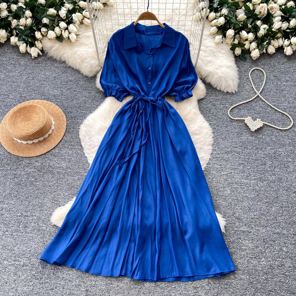Light mature style single-breasted shirt short-sleeved dress for women summerk-style strap waist slimming lookelegant long skirt work clothing