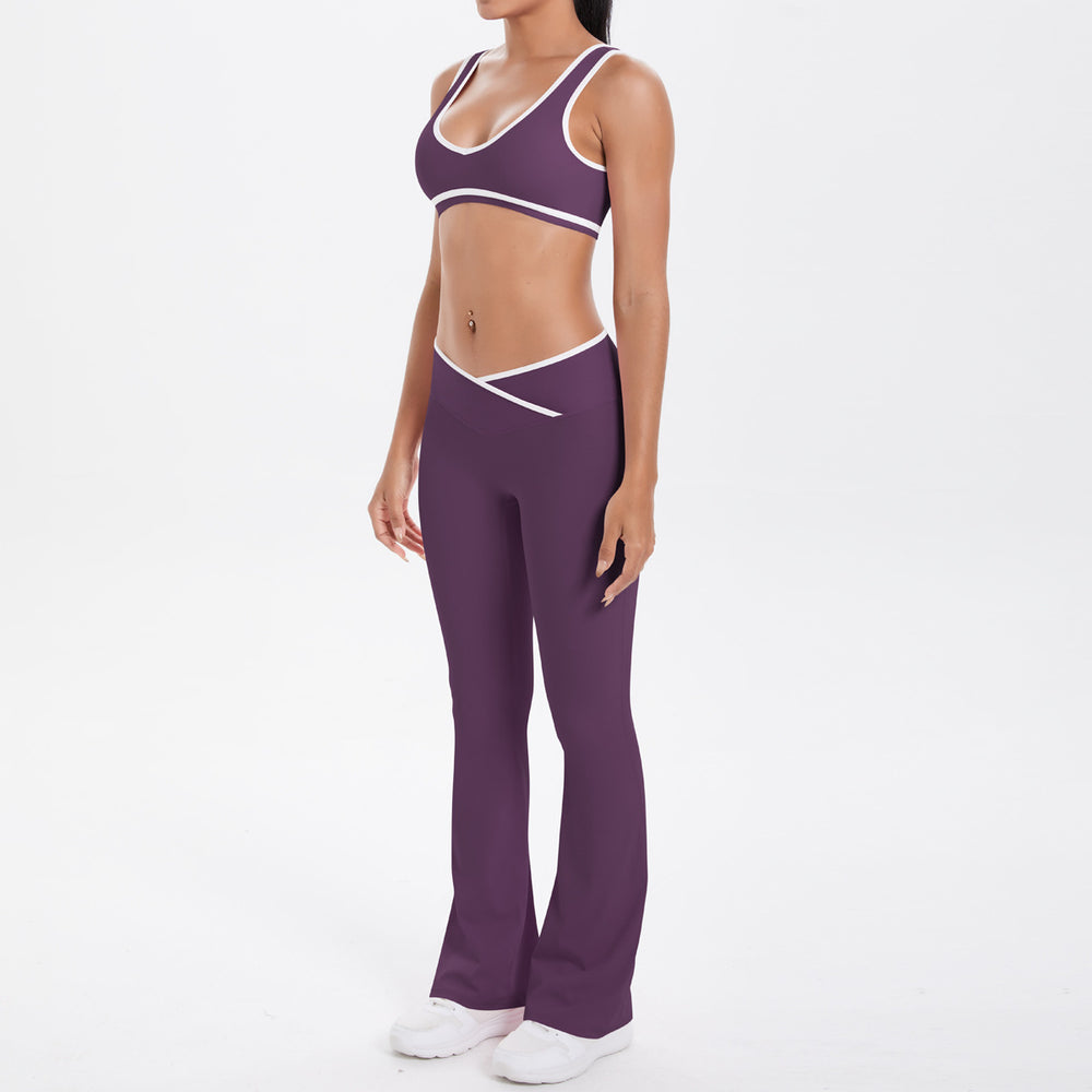 New arrival cross-border double-sided brushed contrast color tight breathable cross wide-leg yoga suit sports running fitness women