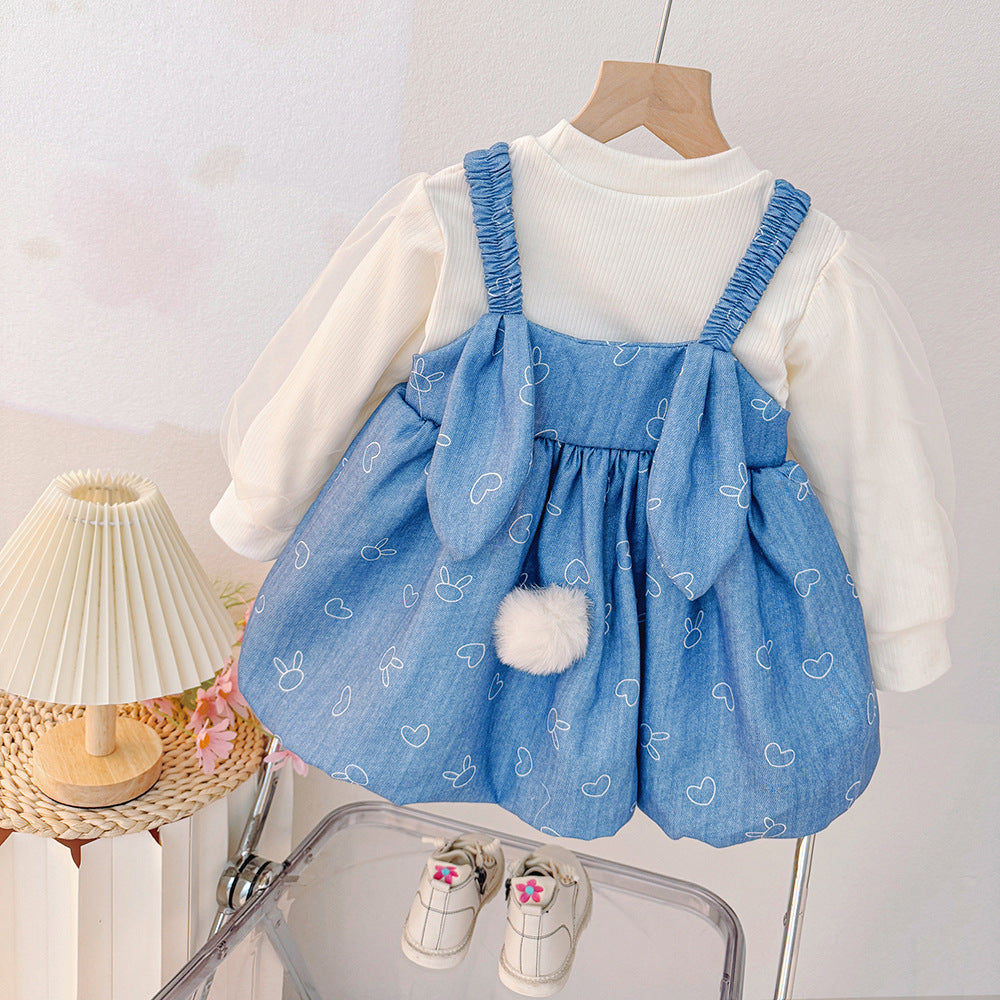 kids' fashion korean style dress - girls' round neck long sleeve cartoon print suspender faux two-piece patchwork dress