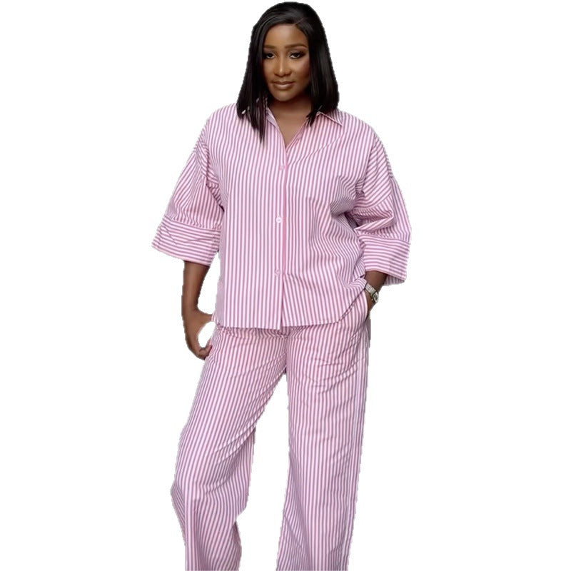 European and american cross-border women's clothing  summer new arrival: elegant and stylish turn-down collar loose striped shirt and wide-leg pants set