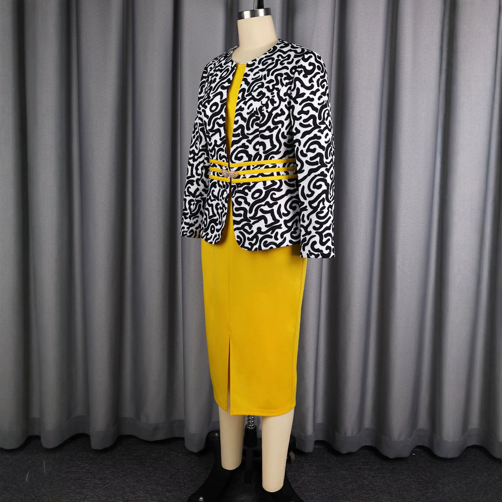 New arrivalprinting waist long sleevesoutwear elegance hip skirt party dresstwo-piece set