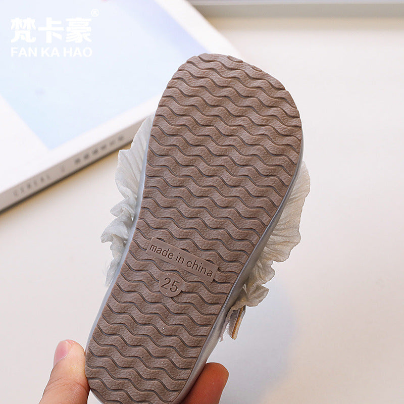 Vancahao girls' lace bow princess shoes, new autumn  collection, kids' silver soft sole single shoes, leather shoes