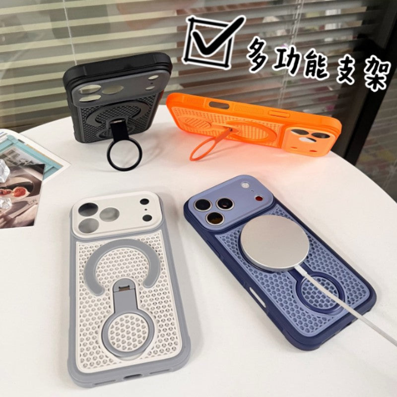 Precision perforated iridescent honeycomb cooling 360 magnetic stand compatible iphone 17 pro case, apple 16 business case