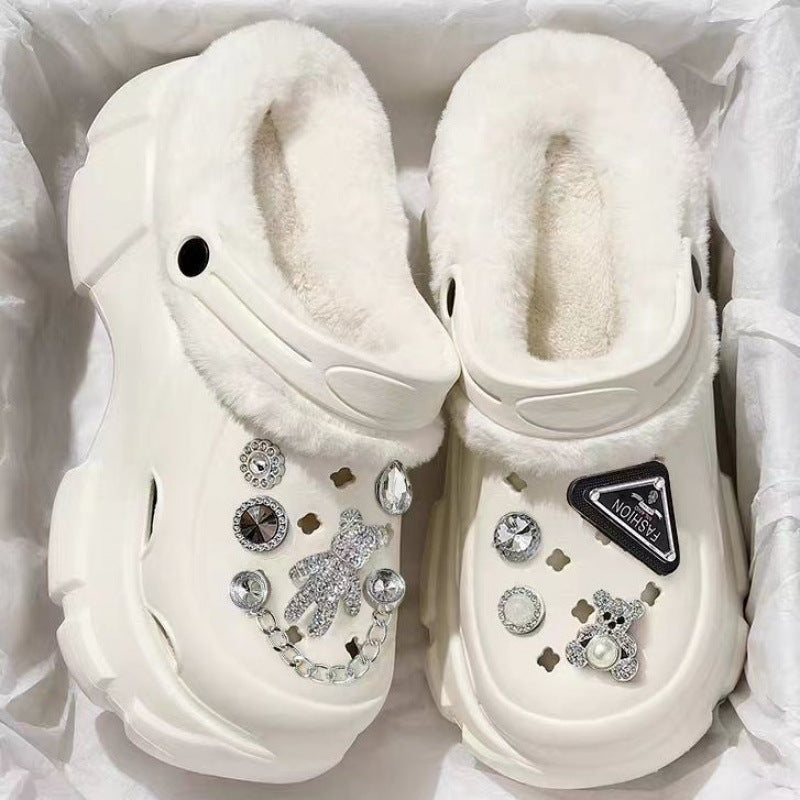 2024 cartoon cotton slippers for girls, new autumn/winter thick-soled, height-increasing, non-slip, two-wear style, fleece-lined warm fuzzy clogs