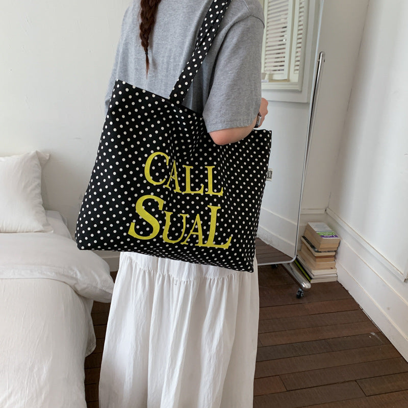 Casual and lazy style letterprintingsatchel bag koreanniche style polka dot canvas bag large capacity work clothing tote bag