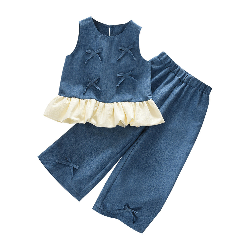 summer new girls' denim-style outfit: bowknot patchwork tank top and pants two-piece set - european & american style, cross-border fashion