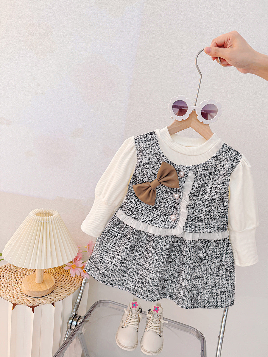 Sweet and chic two-piece look dress for girls: stylish bowknot plaid lace suspender skirt spring/autumn outfit