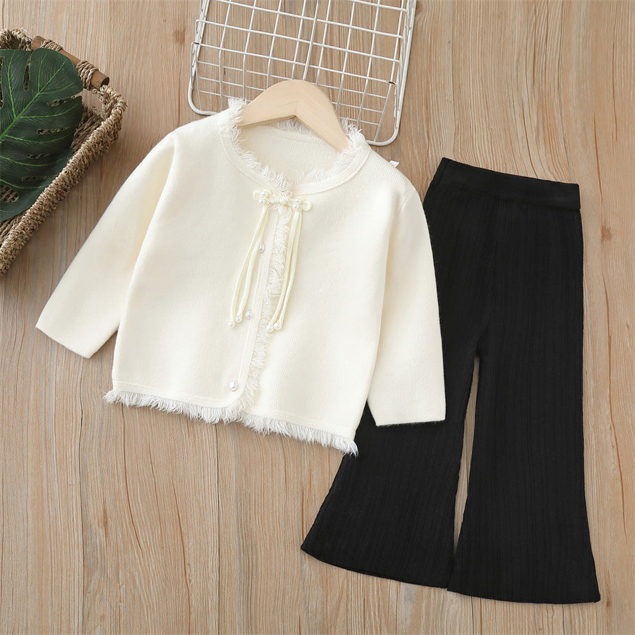 Girls' knitted sweater two-piece set -  autumn/winter new arrival - chinese style hanfu outfit with pants for baby girls