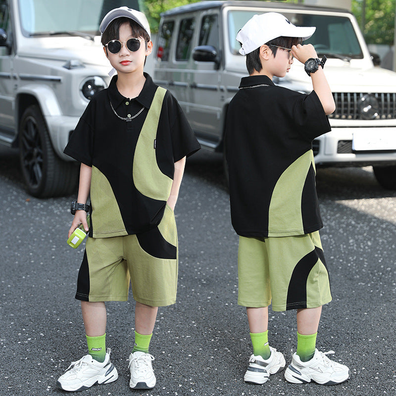 Boys' summer color block polo shirt set - new  collection - trendy two-piece outfit for mid-to-large children, featuring shorts