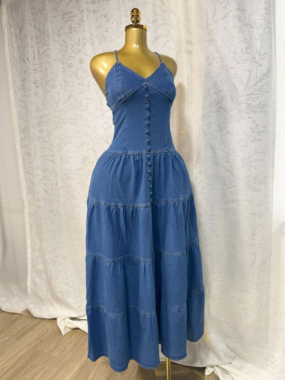 European and american export women's summer new sexy fashion v-neck camisole backless tie-up denim dress cake maxi dress