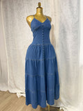 European and american export women's summer new sexy fashion v-neck camisole backless tie-up denim dress cake maxi dress