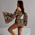 Summer new european and american style women's off-the-shoulder flared long sleeve leopard print cropped top and shorts two-piece set