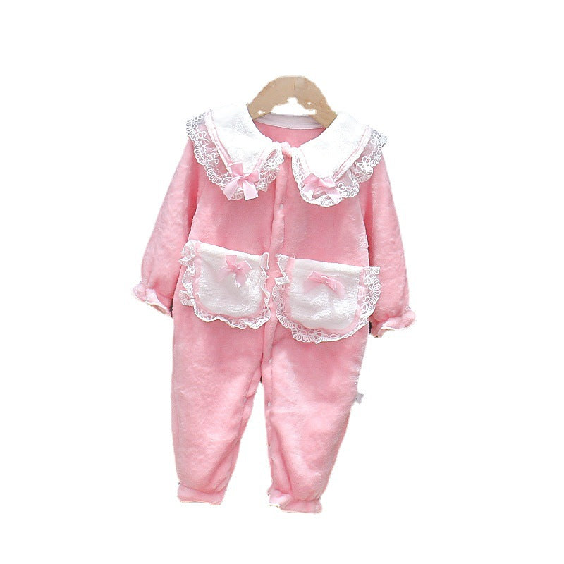 Baby girl's autumn/winter korean style flannel romper - princess style double-layer warm crawling suit for infants