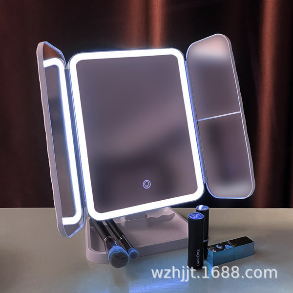 New LED makeup mirror desk lamp three-sided folding touch-sensitive 180-degree rotating magnifying glass spot beauty mirror
