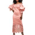 women's new one-line collar lacepatchwork banquet evening dress lantern sleeve ol bridesmaid dress exportdress