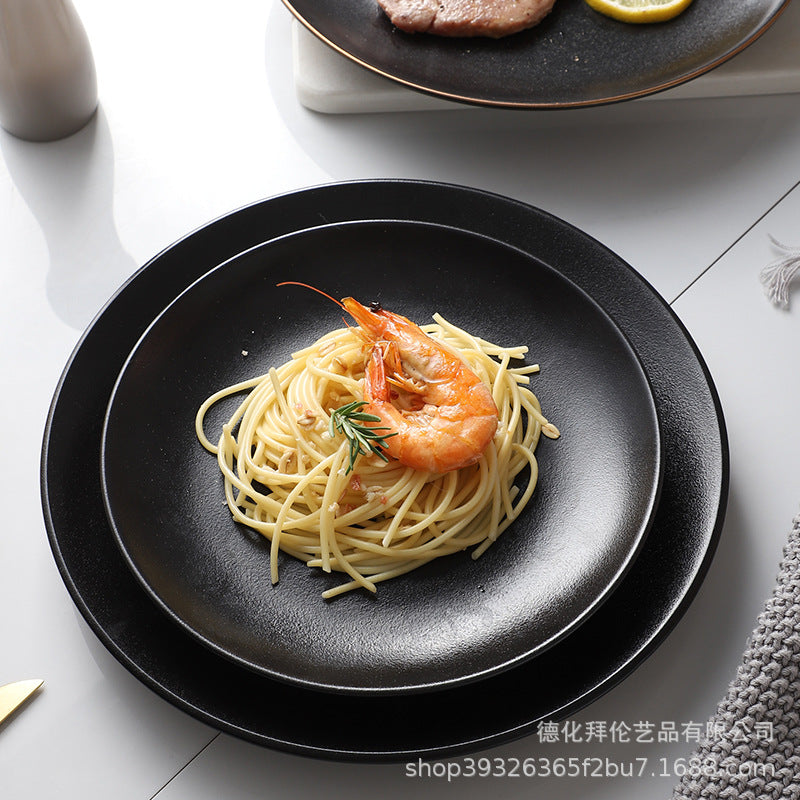 Creative black matte steak plate, japanese-style western dinner plate, commercial ceramic shallow dish for hotel and restaurant use, microwave safe