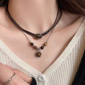 Leather tiger eye stone necklace-x1635 brown