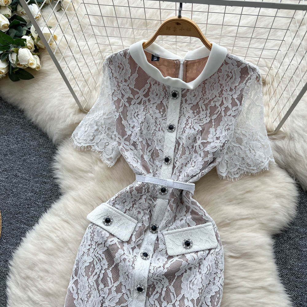 Elegant women's dress -  summer french chic, single-breasted, cinched waist, slim-fit, short sleeve, lace-trimmed slit maxi dress