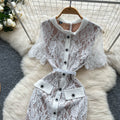Elegant women's dress -  summer french chic, single-breasted, cinched waist, slim-fit, short sleeve, lace-trimmed slit maxi dress