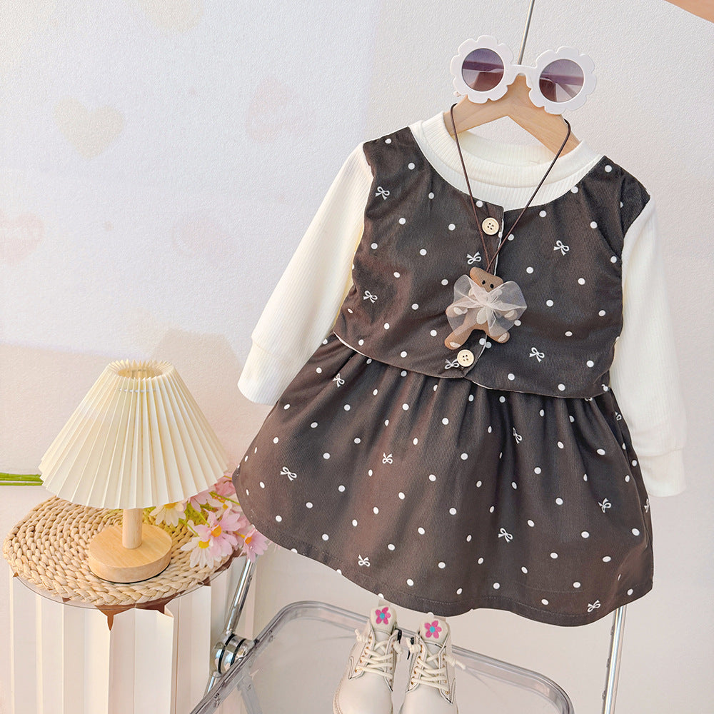 Girllong sleeves round neck patchwork skirt spring & fall dress one-year-old dress for kids baby girl bear polka dot bows style skirt