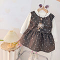 Girllong sleeves round neck patchwork skirt spring & fall dress one-year-old dress for kids baby girl bear polka dot bows style skirt