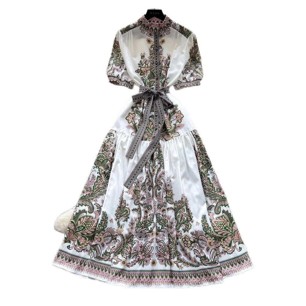 Vintage print tie-waist short sleeve elegant dress - women's summer high-waisted a-line dress - slimming, figure-flattering, work-ready maxi dress