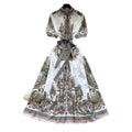 Vintage print tie-waist short sleeve elegant dress - women's summer high-waisted a-line dress - slimming, figure-flattering, work-ready maxi dress