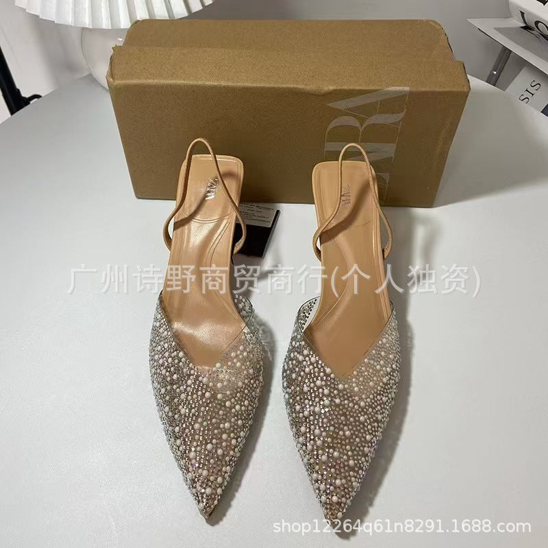 Za new 2024 high heel pointed toe peep-toe pearl embellished pvc back strap open heel fashion sandals for women