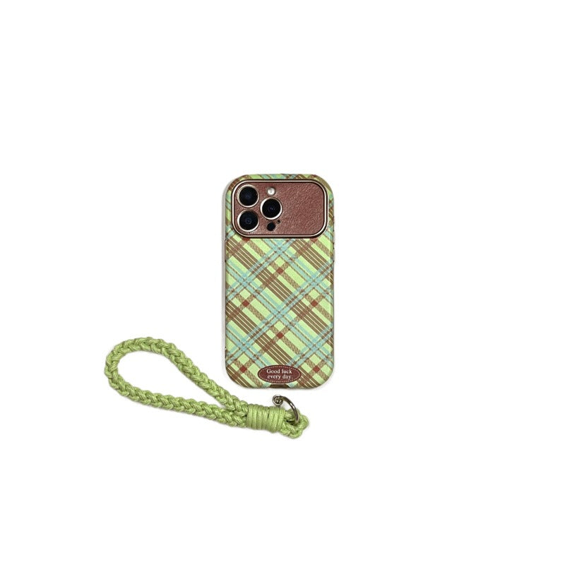 Green and brown plaid lambskin iphone 16 case with large window, iphone 17 pro max drop-proof phone case