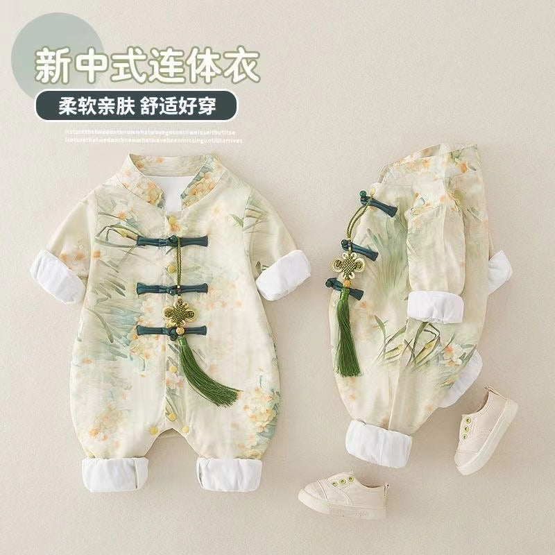 Spring autum baby chinese style double layer long sleeves jumpsuit autumn style male and female baby one-year-old dress 100-day banquet climbing suit