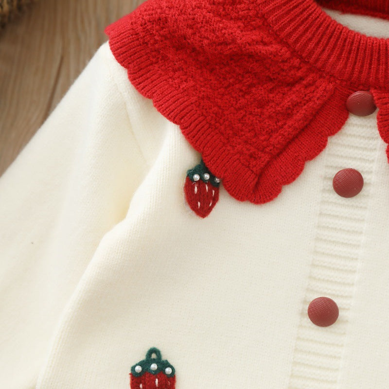 Girls' knit sweater cardigan & plaid skirt set - new autumn collection  - strawberry collar, baby girl red knit outfit