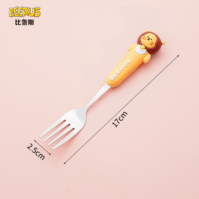 High-quality, adorable cartoon children's cutlery set featuring a cute bear design. includes a fork, spoon, and is perfect for school lunches. made of durable silicone, these portable forks and spoons are available for wholesale