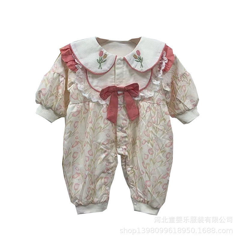 One-piece spring autum double-layer narcissus one-piece baby girl style autum princess khaki can go out and crawl