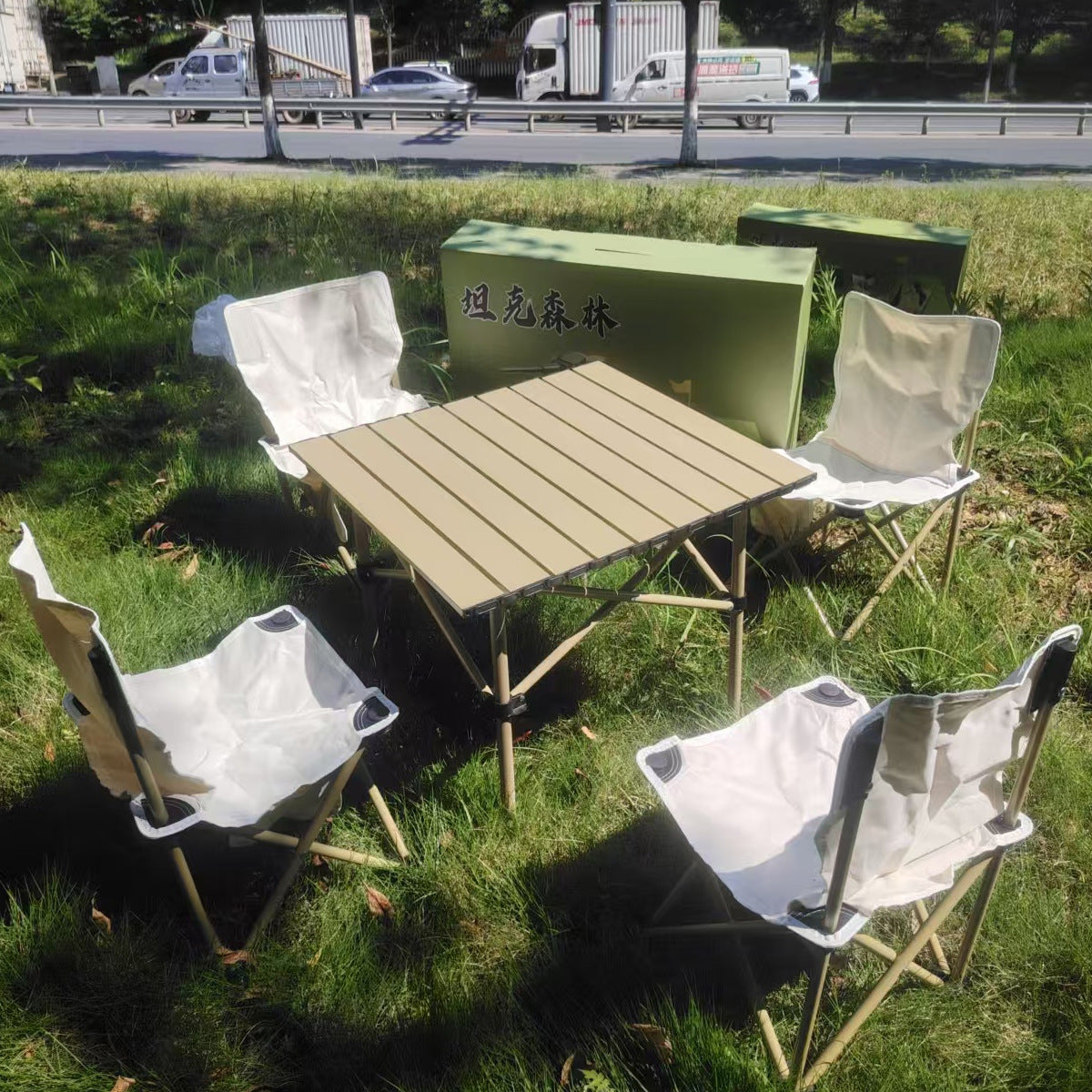 Camping Outdoor BBQ Table and Chair Combination Egg Roll Table Picnic Table and Chair Camping Portable Table and Chair Five-piece Set