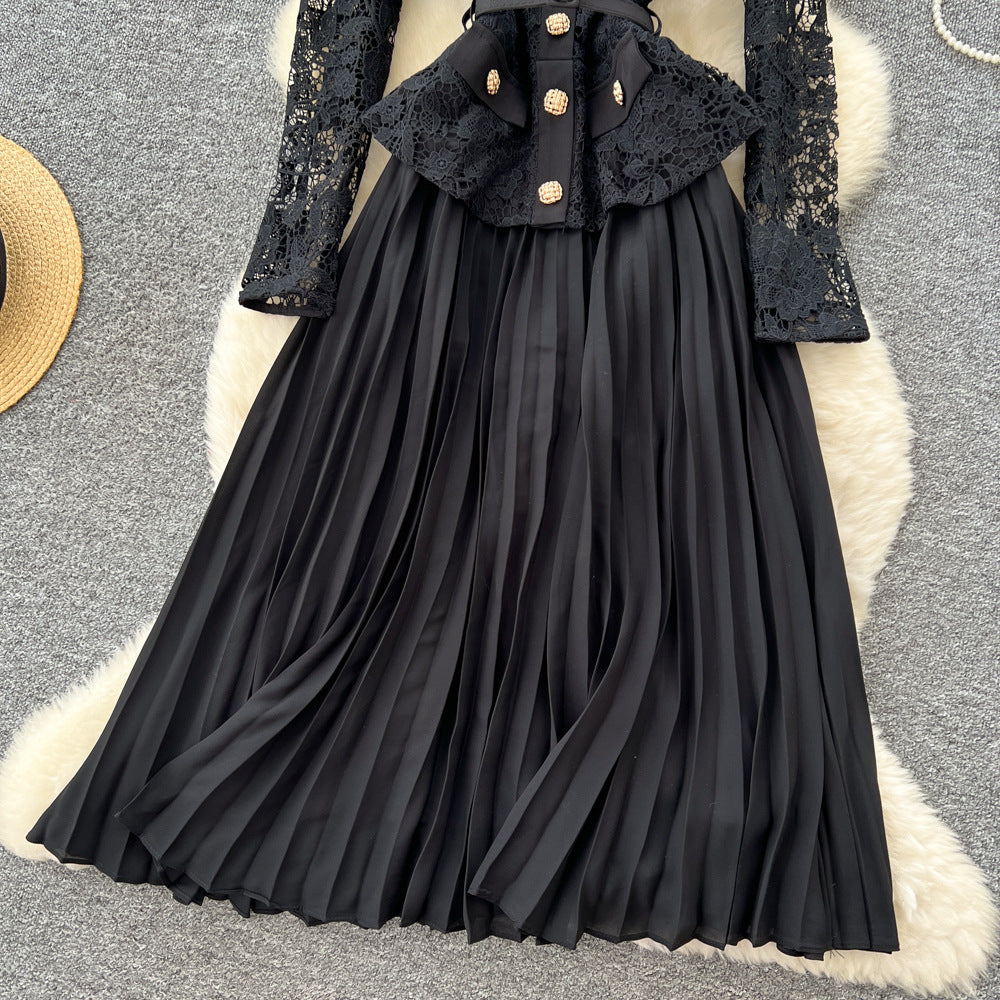 Frenchclassy sense lapel lacepatchwork metal buckle waist pleated dress female autum tweed style long skirt