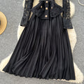 Frenchclassy sense lapel lacepatchwork metal buckle waist pleated dress female autum tweed style long skirt