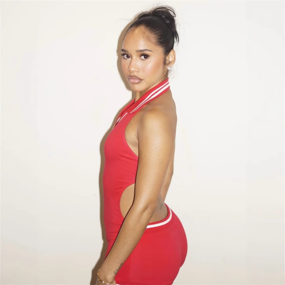 spring european and american cross-border fashion sexy hot girl sleeveless solid color backless halter bodysuit shorts