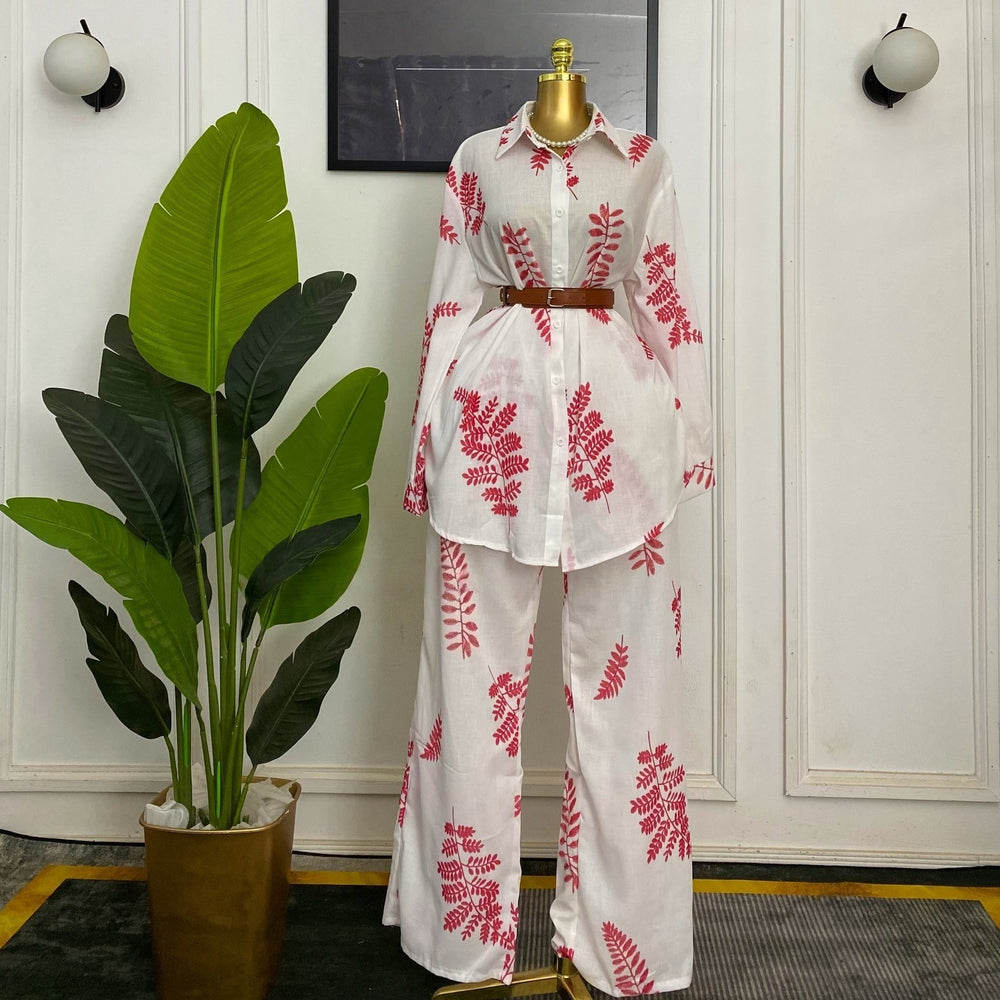 European and american cross-border women's fashion:  spring new collection - stylish turn-down collar printed loose-fit shirt and wide-leg trousers casual set