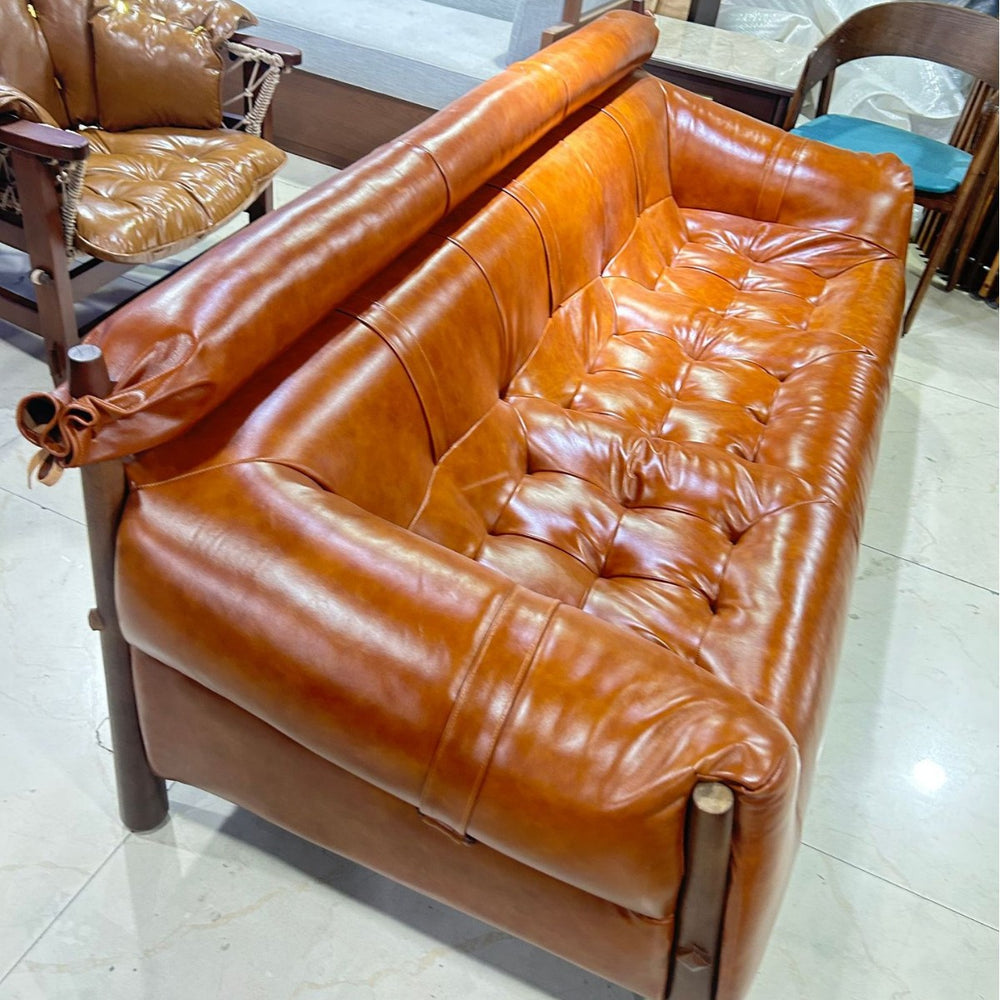 Solid wood sofa fabric designer creative straight row high back retro ash wood three-person new arrival oil wax leather