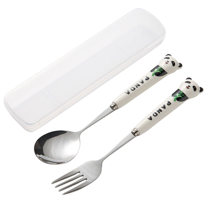 304 stainless steel portable cutlery set - creative panda design with ceramic handle fork, spoon, and chopsticks (3-piece set)