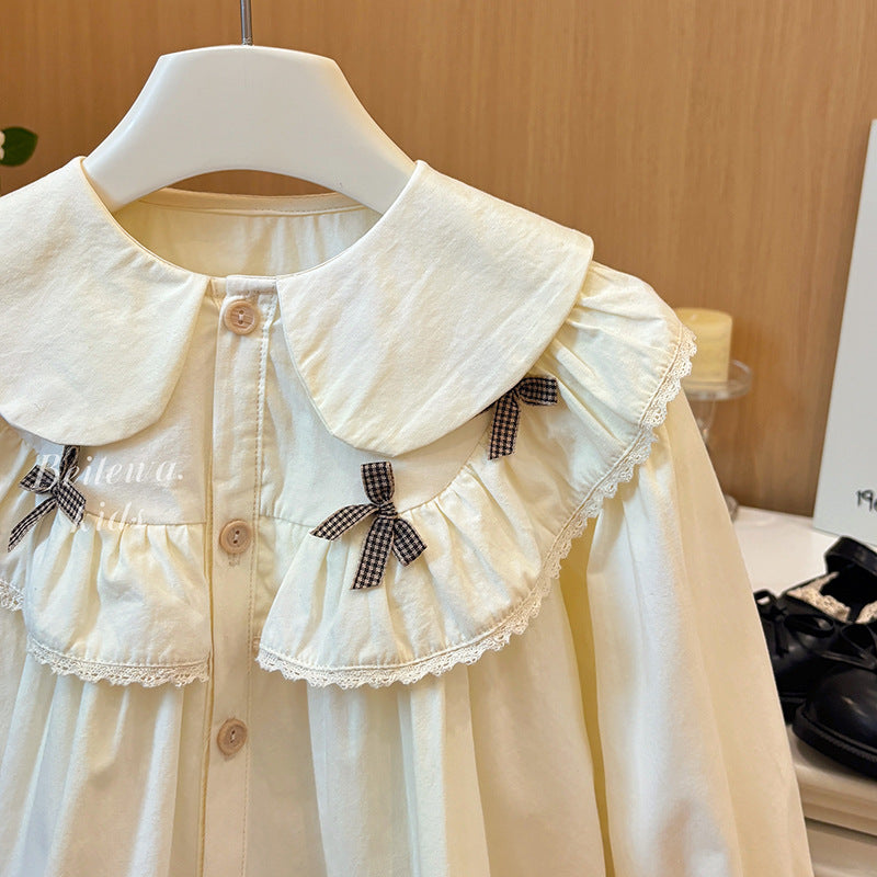 Girls' spring/autumn new style blouse - bowknot lace shirt, trendy and chic versatile outerwear, fashionable top for baby girls